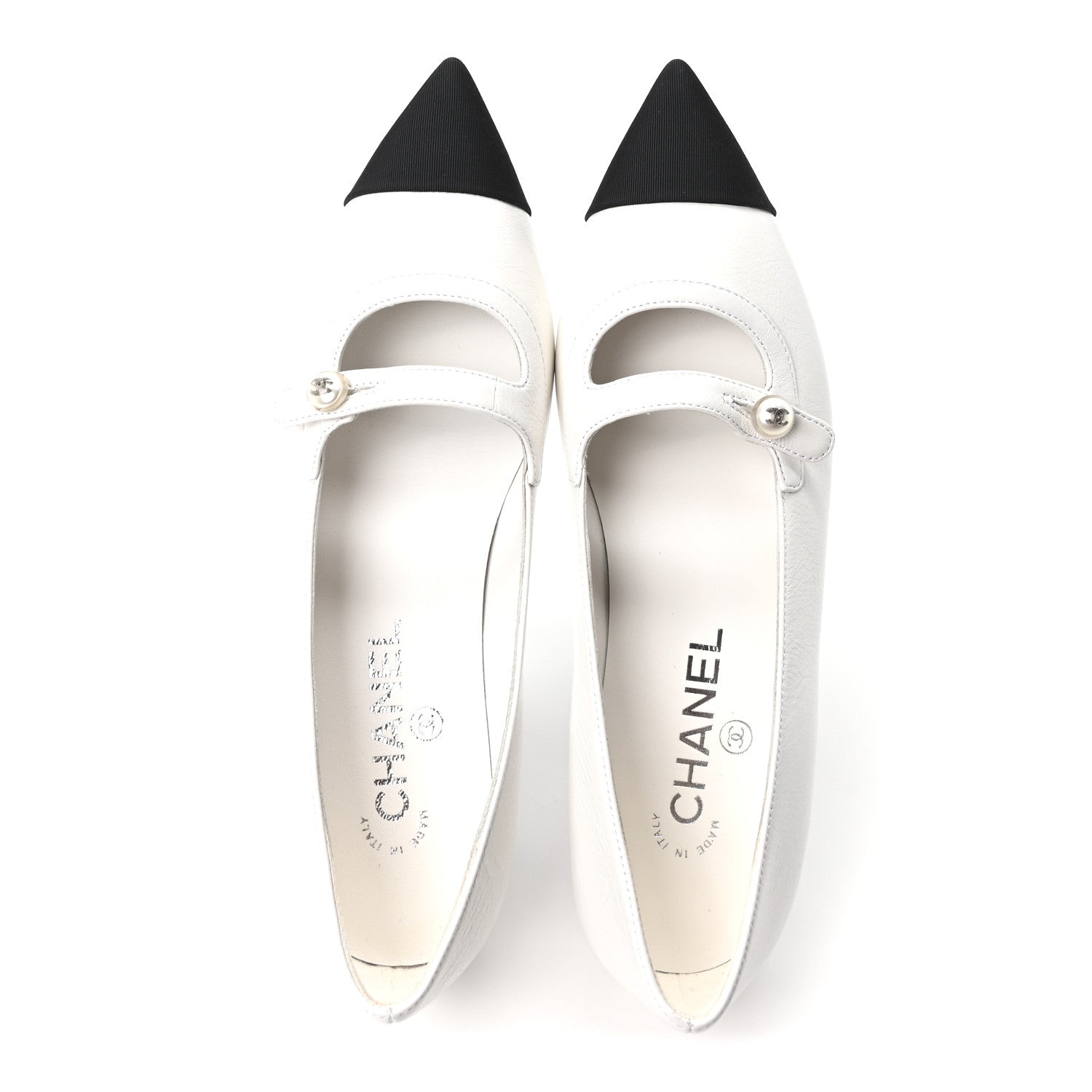 Chanel Shiny Lambskin Grosgrain Pearl Mary Janes Flats 37.5 White Black