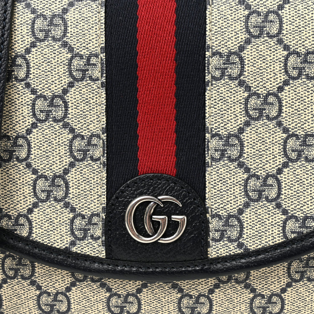 Gucci GG Supreme Monogram Textured Dollar Calfskin Web Studded Mini Ophidia Flap Shoulder Bag Beige Blue