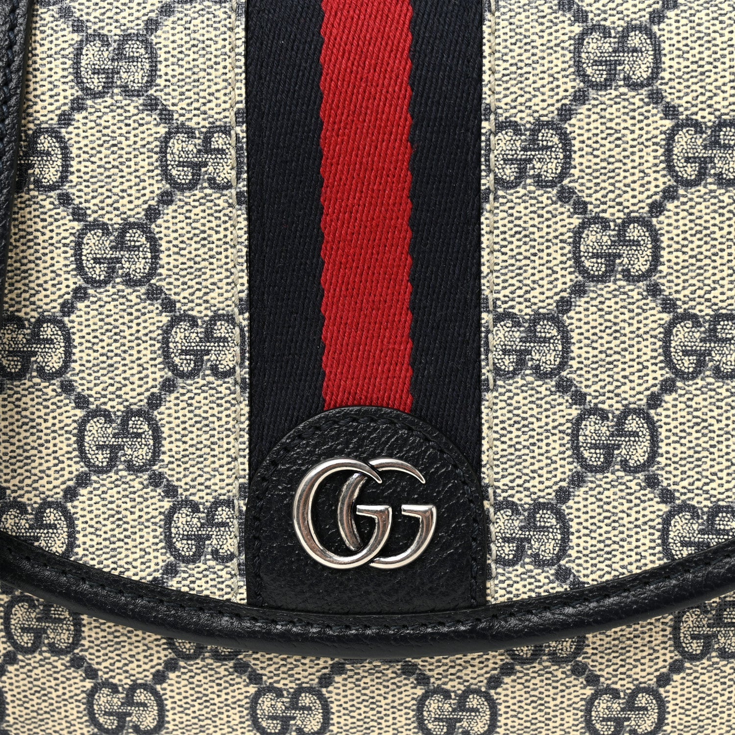 Gucci GG Supreme Monogram Textured Dollar Calfskin Web Studded Mini Ophidia Flap Shoulder Bag Beige Blue
