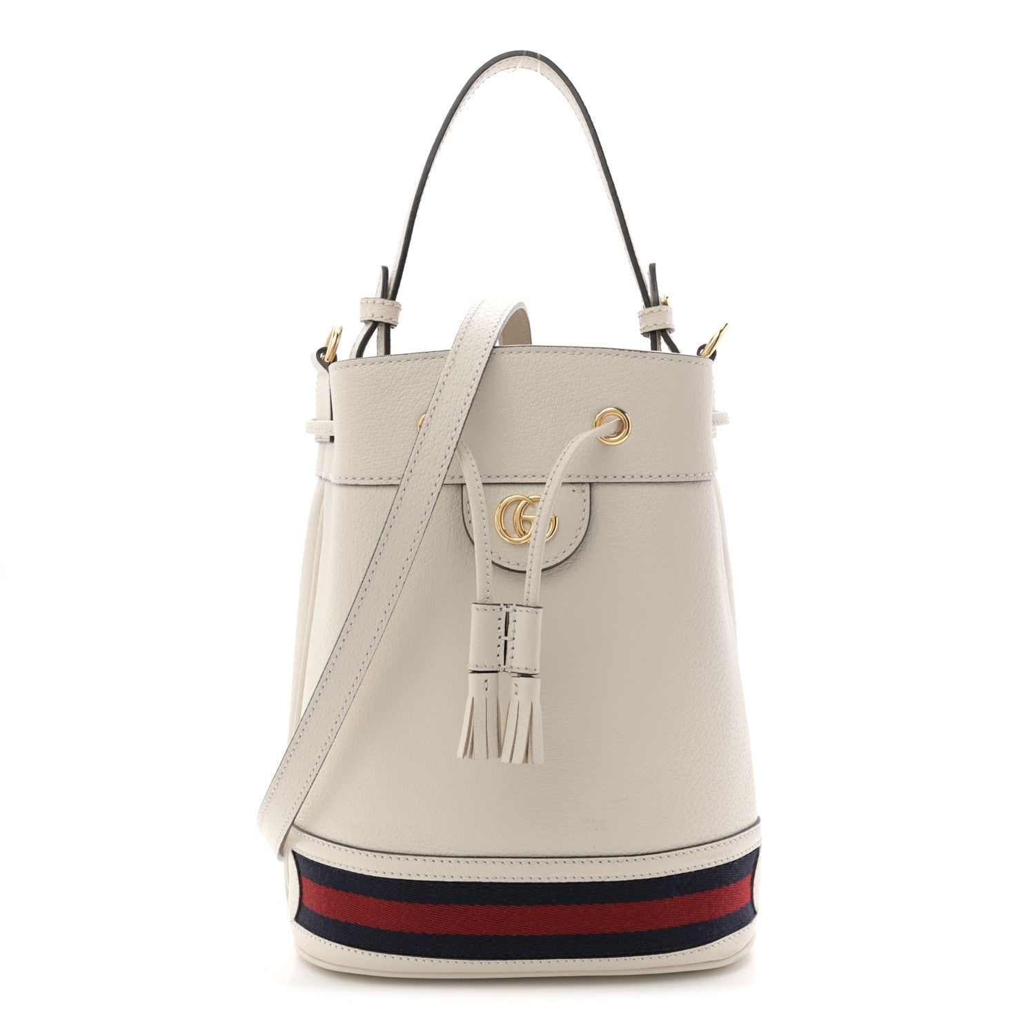 Gucci Glazed Textured Calfskin Web Small Ophidia Bucket Bag Mystic White