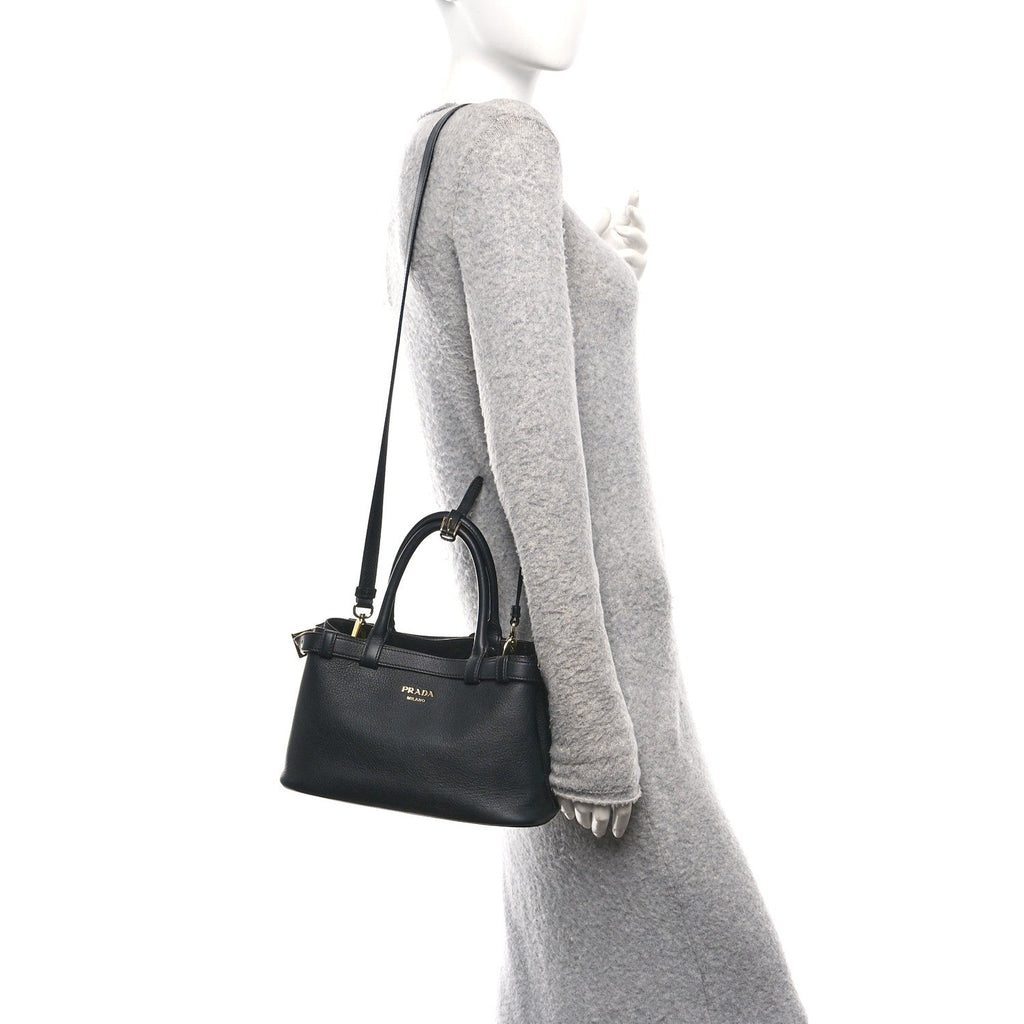 Prada Soft Grain Calfskin Small Double Belt Tote Black