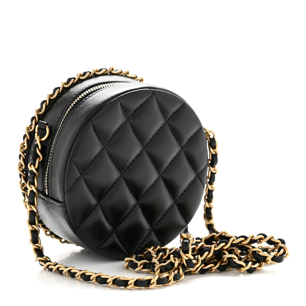 Chanel Lambskin Quilted Chain Around CC Round Clutch With Chain Black