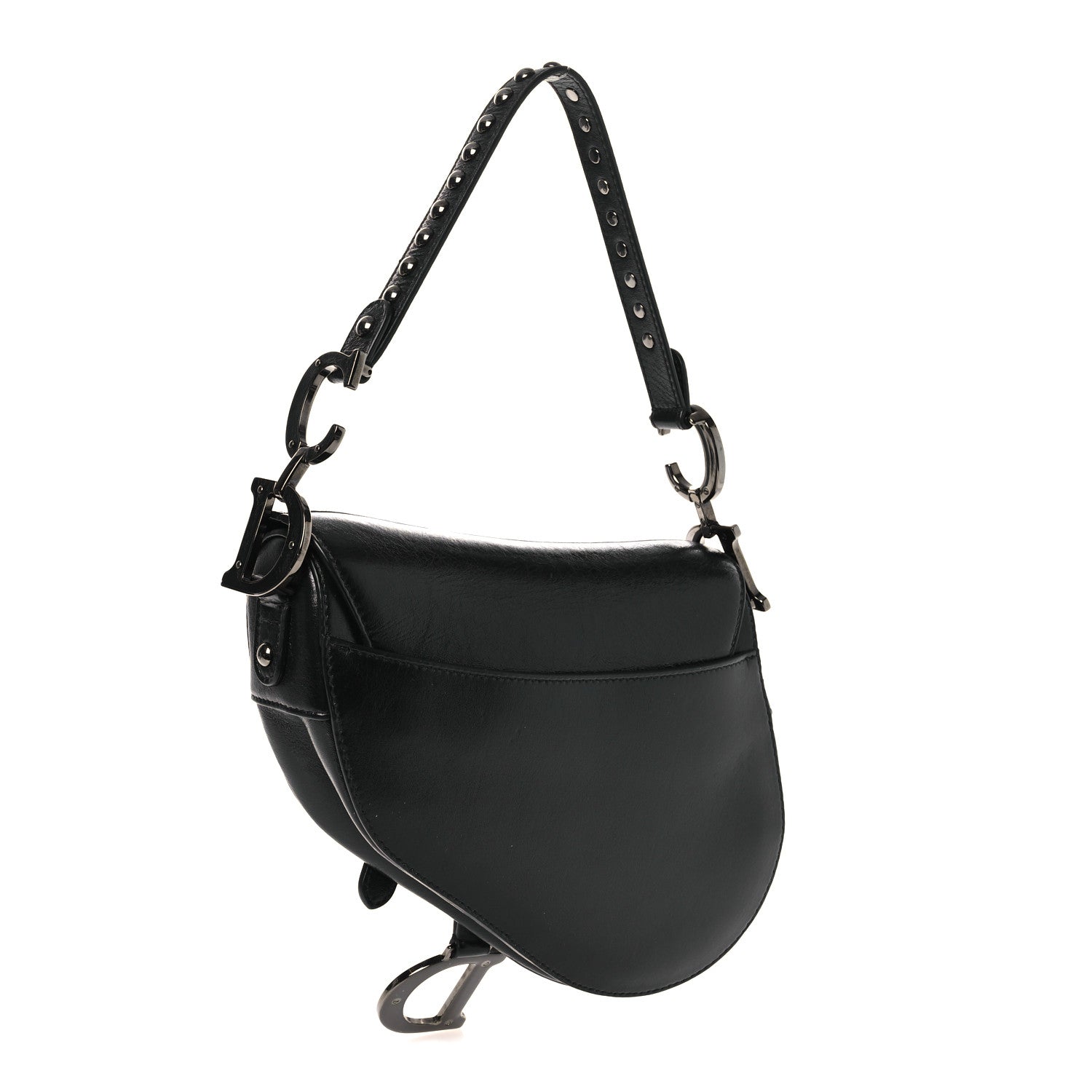 Christian Dior Shiny Crinkled Calfskin Studded Saddle Bag Black