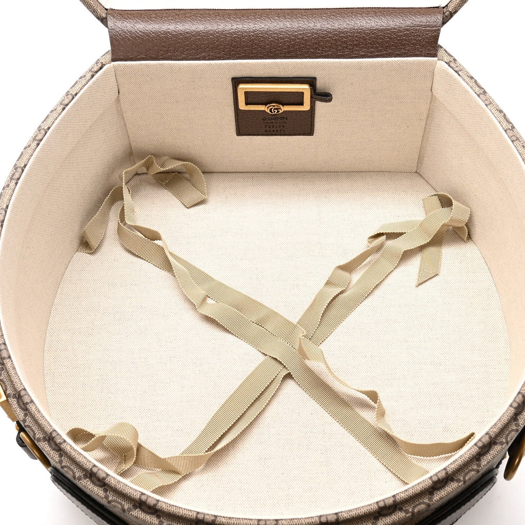 Gucci GG Supreme Monogram Textured Dollar Calfskin Web Savoy Hat Box Beige Ebony New Acero
