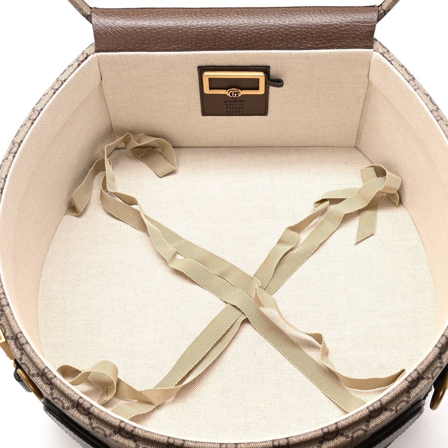 Gucci GG Supreme Monogram Textured Dollar Calfskin Web Savoy Hat Box Beige Ebony New Acero