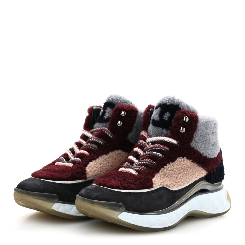 Chanel Shearling Lambskin Suede CC High Top Sneakers 36.5 Grey Pink Burgundy