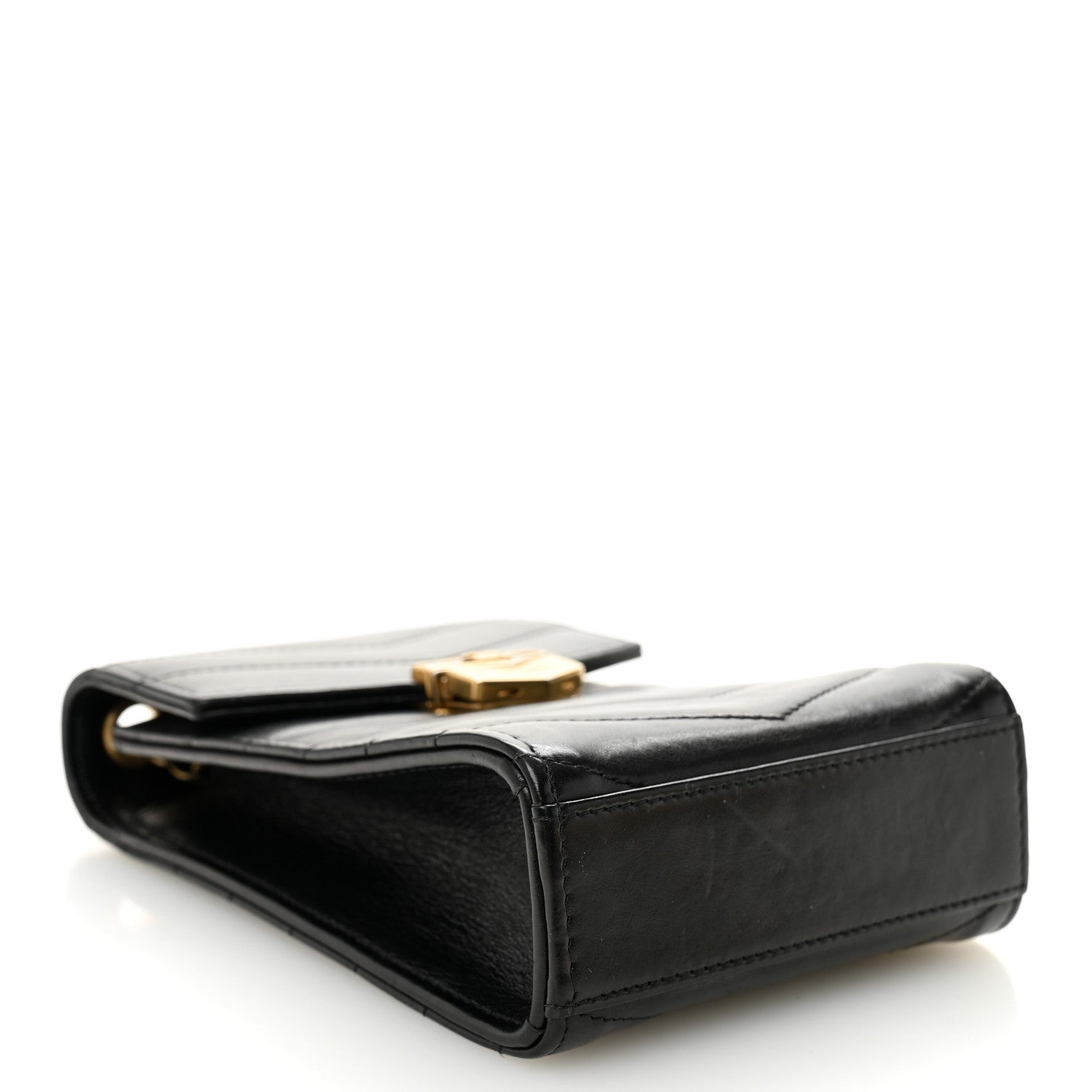Calfskin Chevron Quilted Medal Mini Clutch With Chain  Black