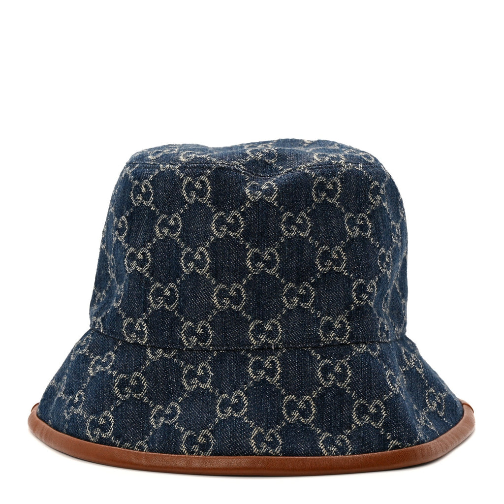 Gucci Washed Jacquard Denim Nappa GG Monogram Oscar Bucket Hat L Denim Cuir