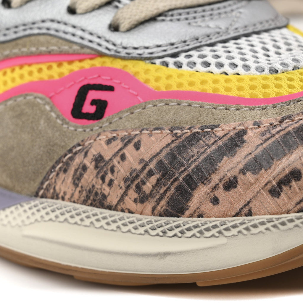 Gucci Suede Calfskin Tejus Printed Womens Ultrapace Sneakers 37.5 Pink Silver Oatmeal Yolk
