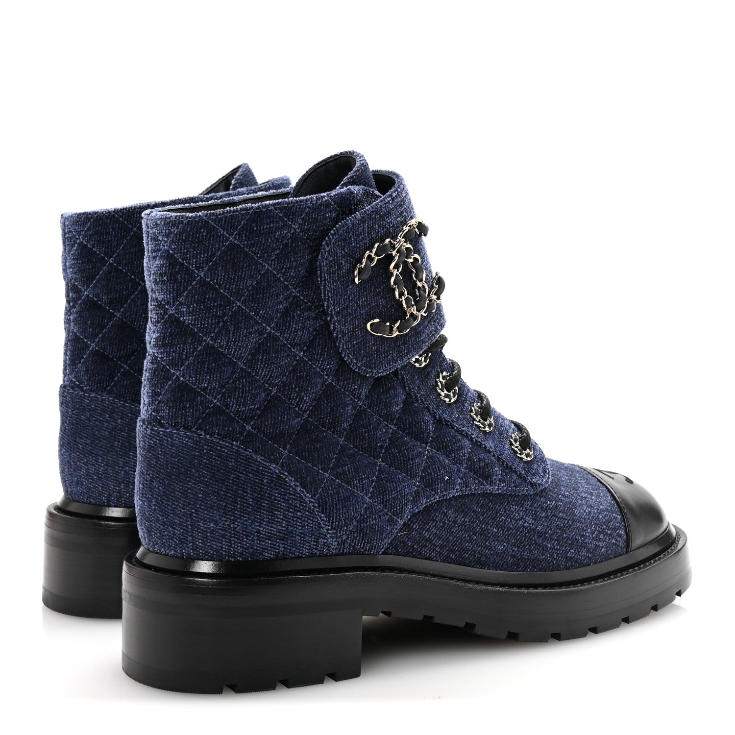 Chanel Shiny Calfskin Velvet Quilted Lace Up Combat Boots 38.5 Blue Black