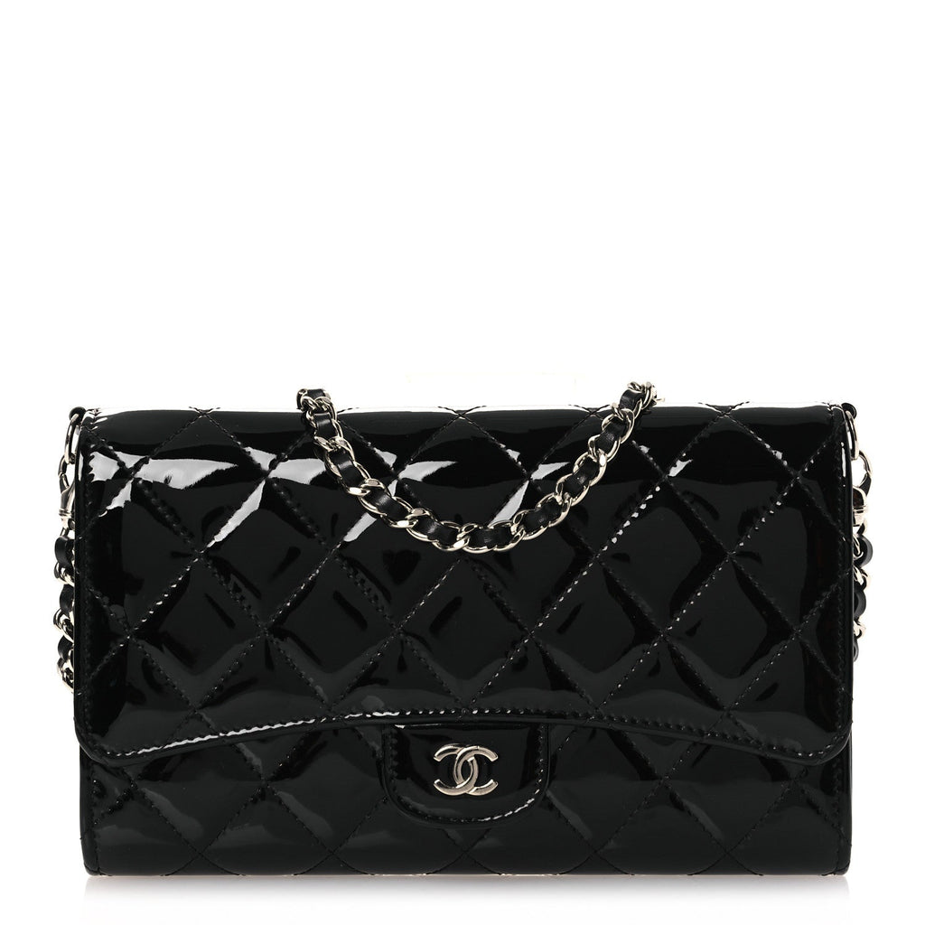 Chanel Patent Quilted Wallet On Removable Chain WOC Black