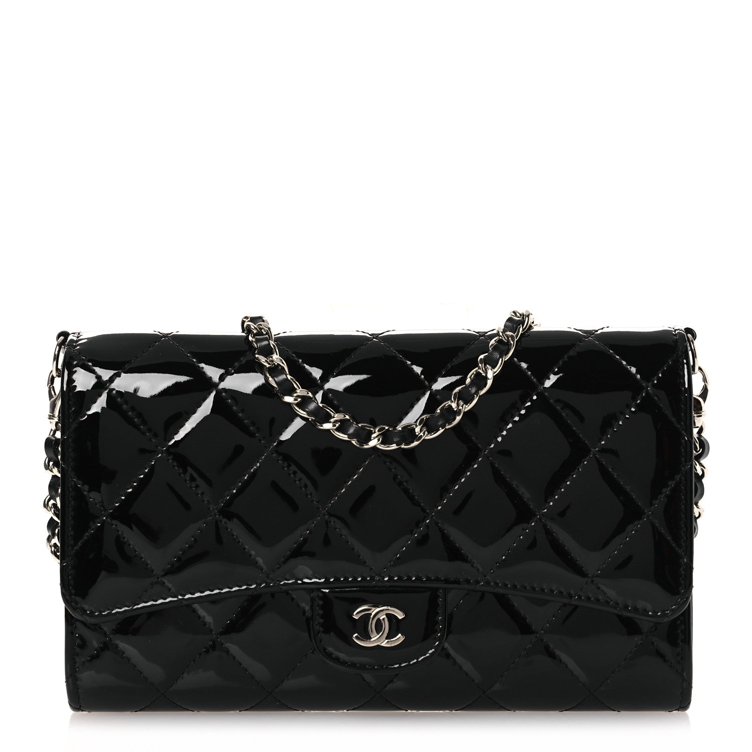 Chanel Patent Quilted Wallet On Removable Chain WOC Black