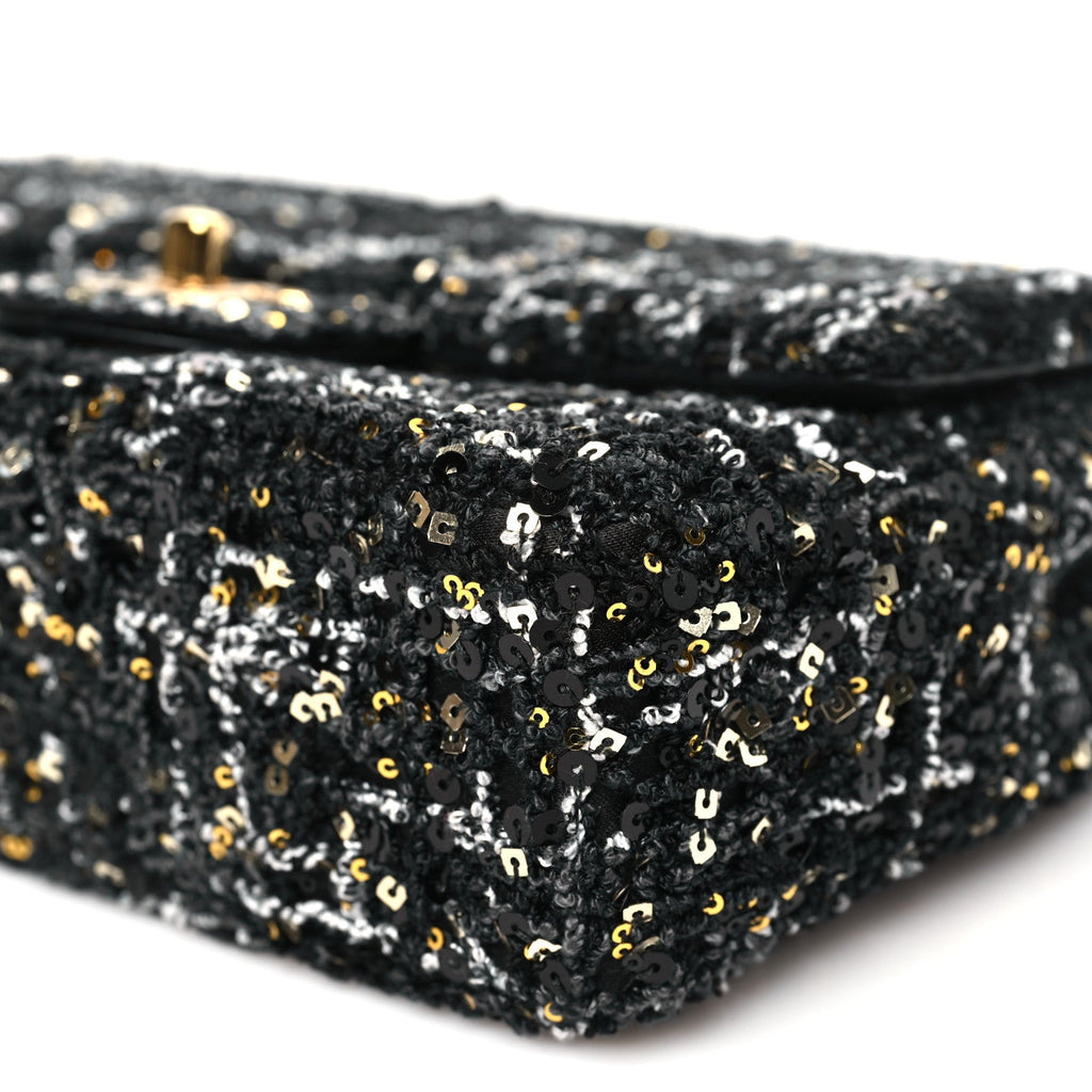 Chanel Tweed Sequin Small Single Flap Black Silvery Golden