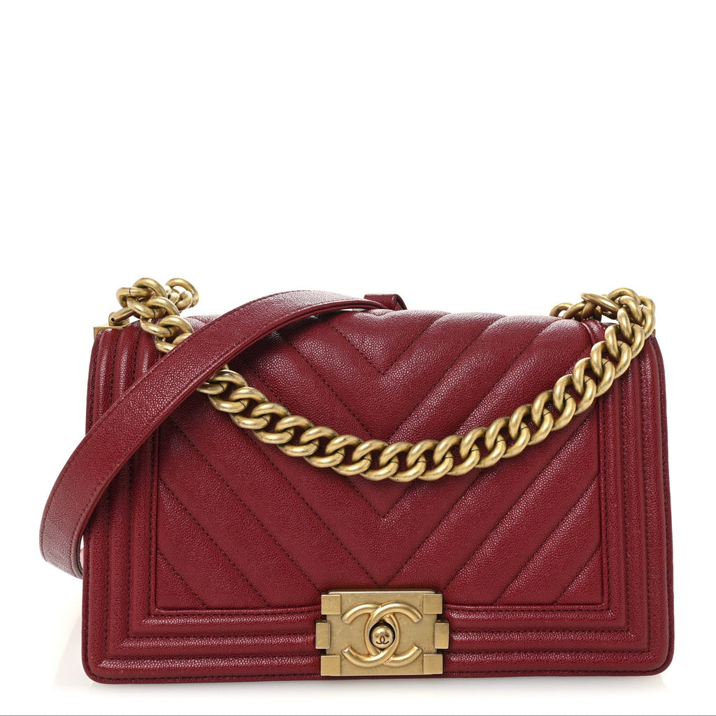 Chanel Caviar Chevron Quilted Medium Boy Flap Dark Red