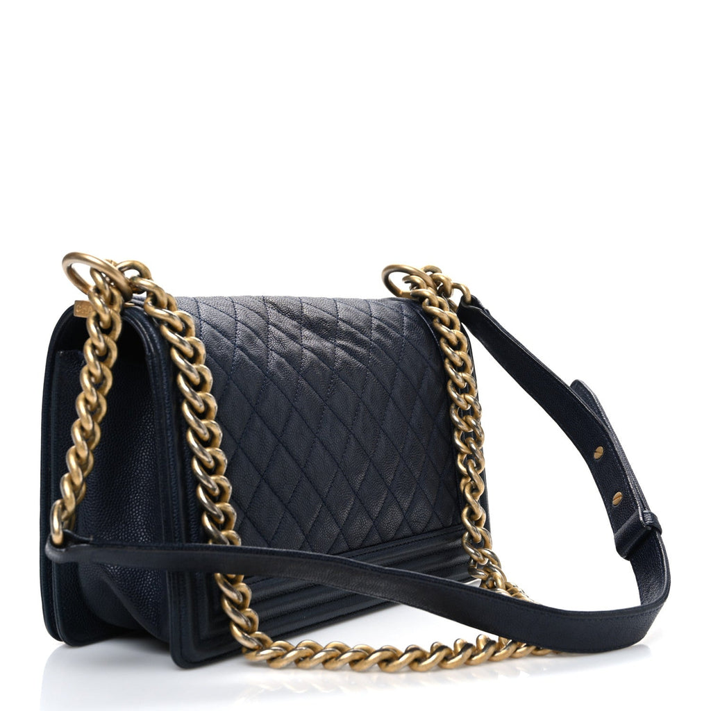 Chanel Metallic Caviar Quilted Medium Boy Flap Navy