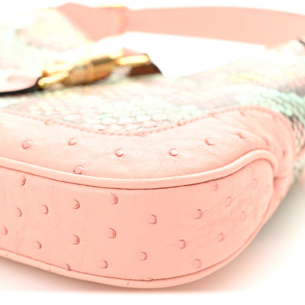 Gucci Snakeskin Ostrich Calfskin Small Jackie 1961 Hobo Pink Multicolor