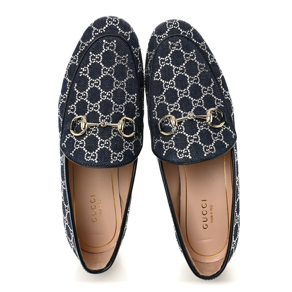 Gucci Denim Crystal GG Monogram Horsebit Womens Jordaan Loafers 36.5 Deep Blue Blue Milad
