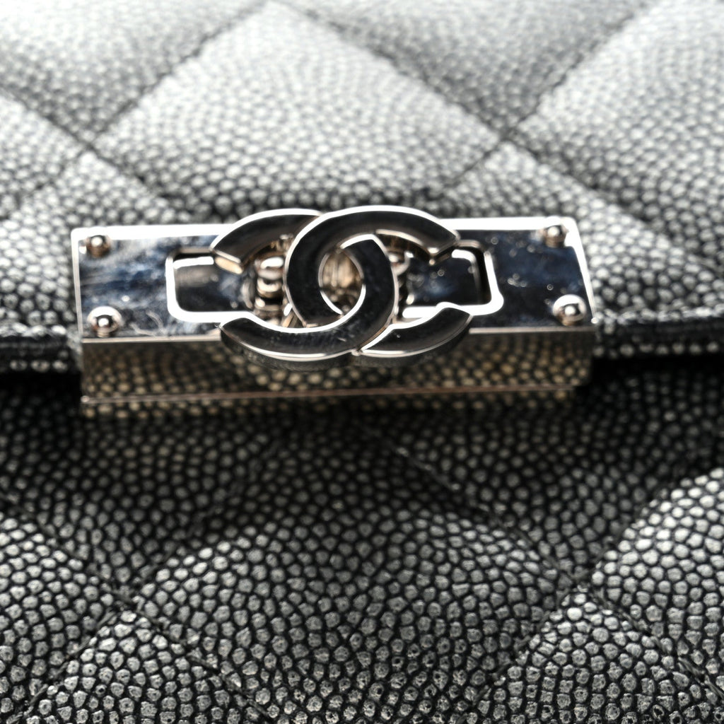 Metallic Caviar Quilted Large Golden Class Gusset Flap Wallet Dark Grey