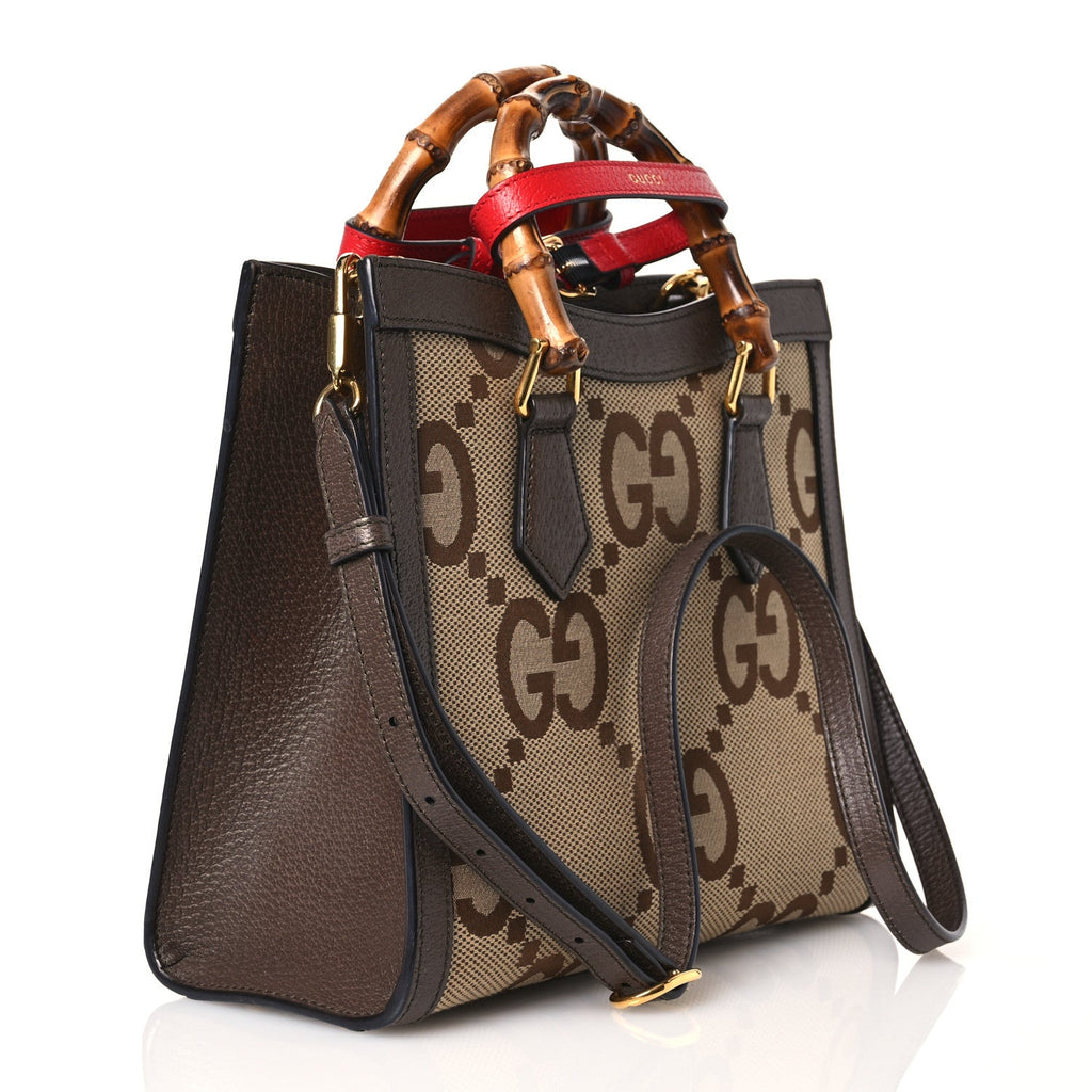 Gucci Monogram Jumbo GG Textured Dollar Calfskin Small Diana Tote Bag Camel Ebony New Acero