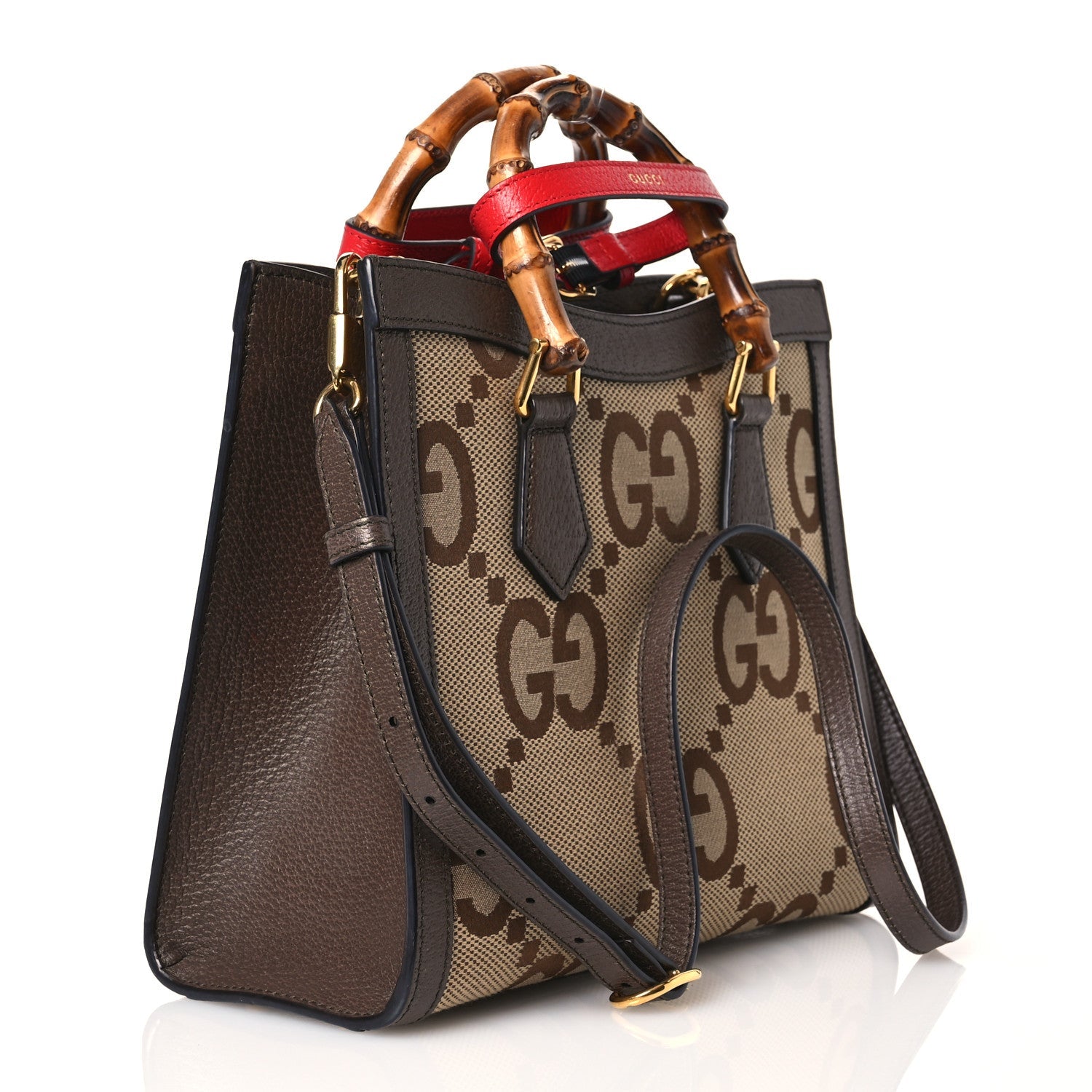 Gucci Monogram Jumbo GG Textured Dollar Calfskin Small Diana Tote Bag Camel Ebony New Acero