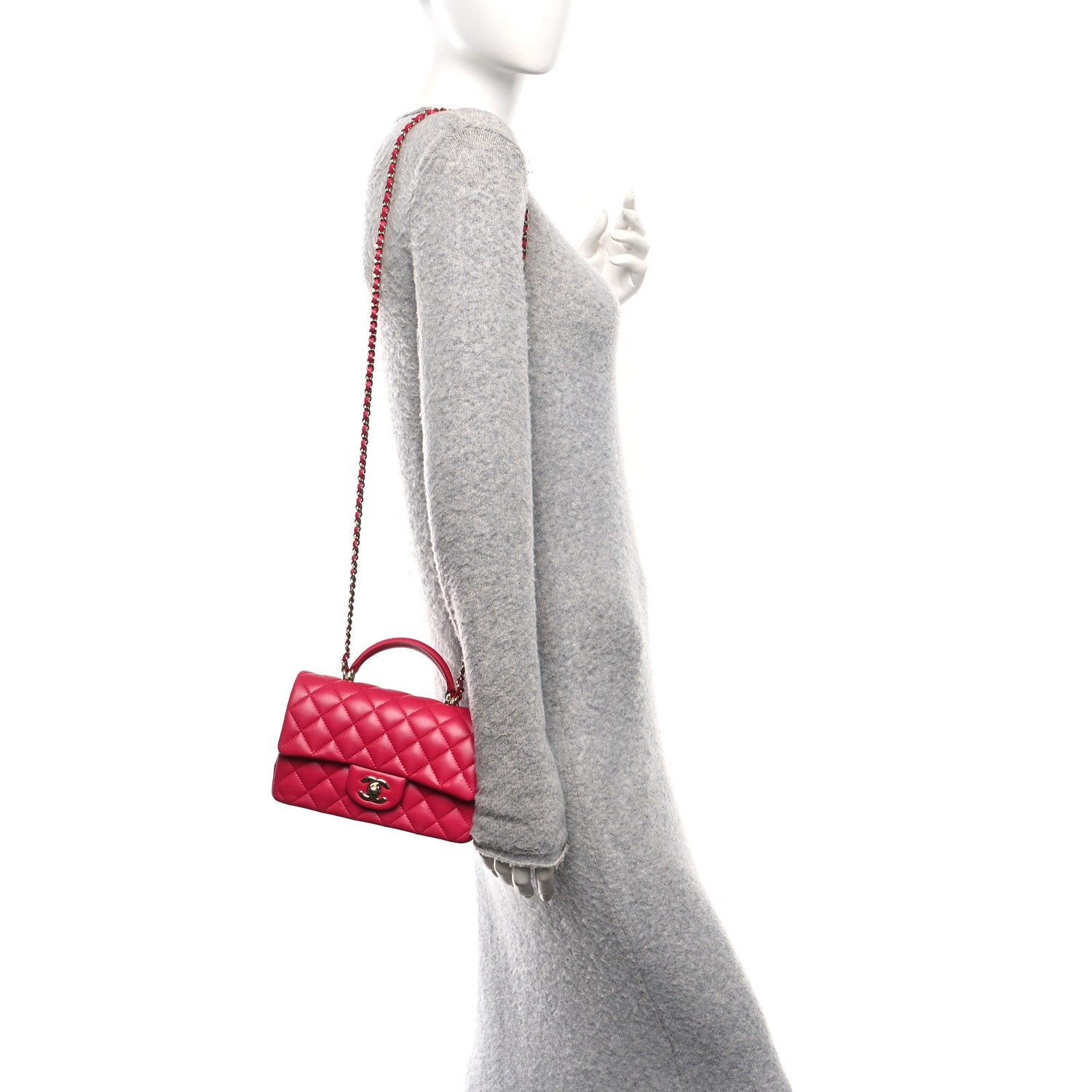 Chanel Lambskin Quilted Mini Top Handle Rectangular Flap Fuchsia