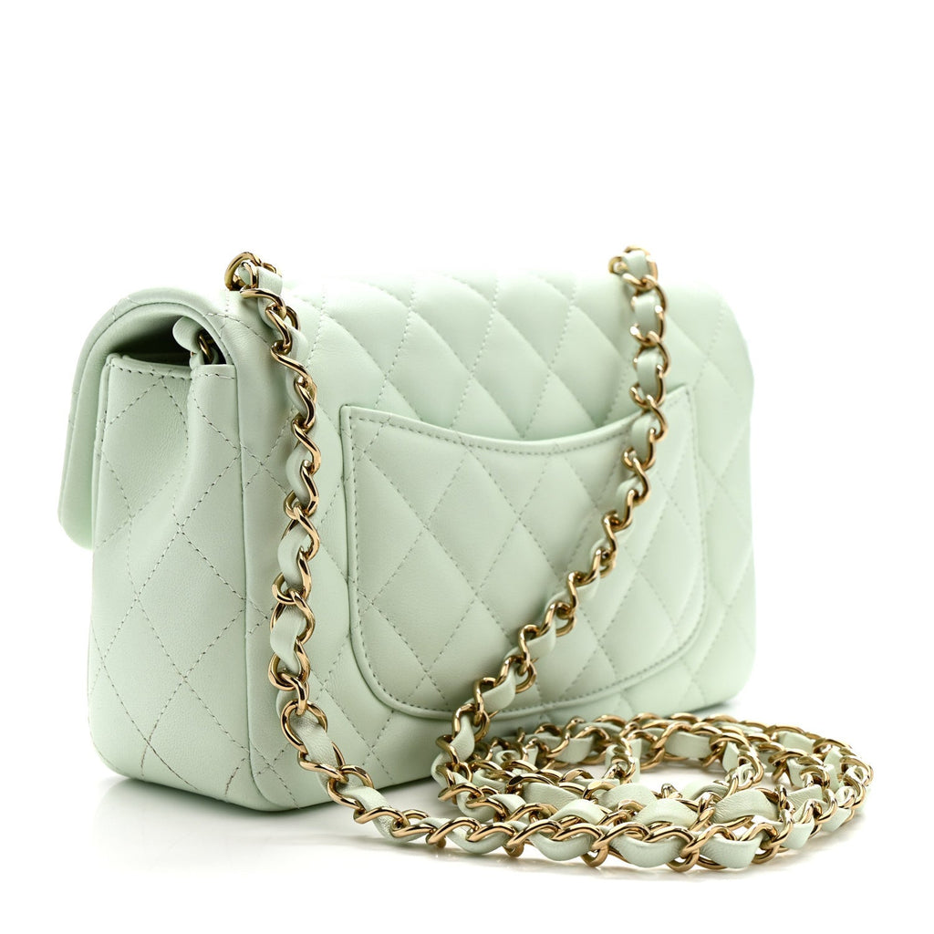 Chanel Lambskin Quilted Mini Rectangular Flap Light Green
