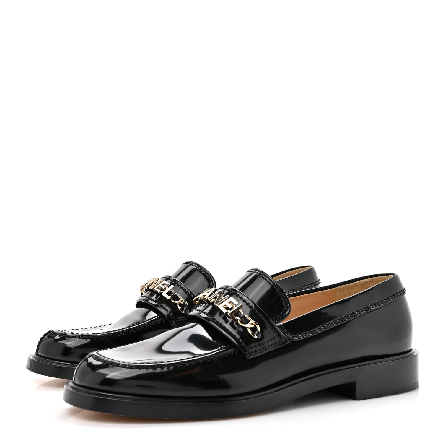 Chanel Shiny Calfskin Logo Loafers 39 Black