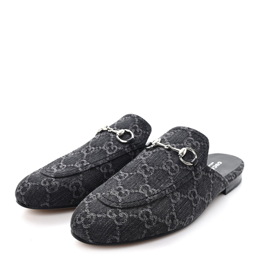 Gucci New Denim GG Malaga Kid Womens Princetown Slippers 37.5 Grey Black