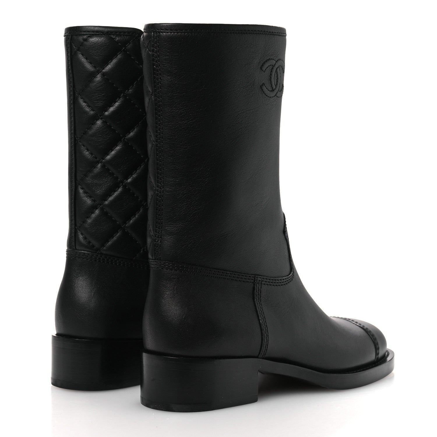 Calfskin Quilted CC Logo Mid Calf Boots 35 Black