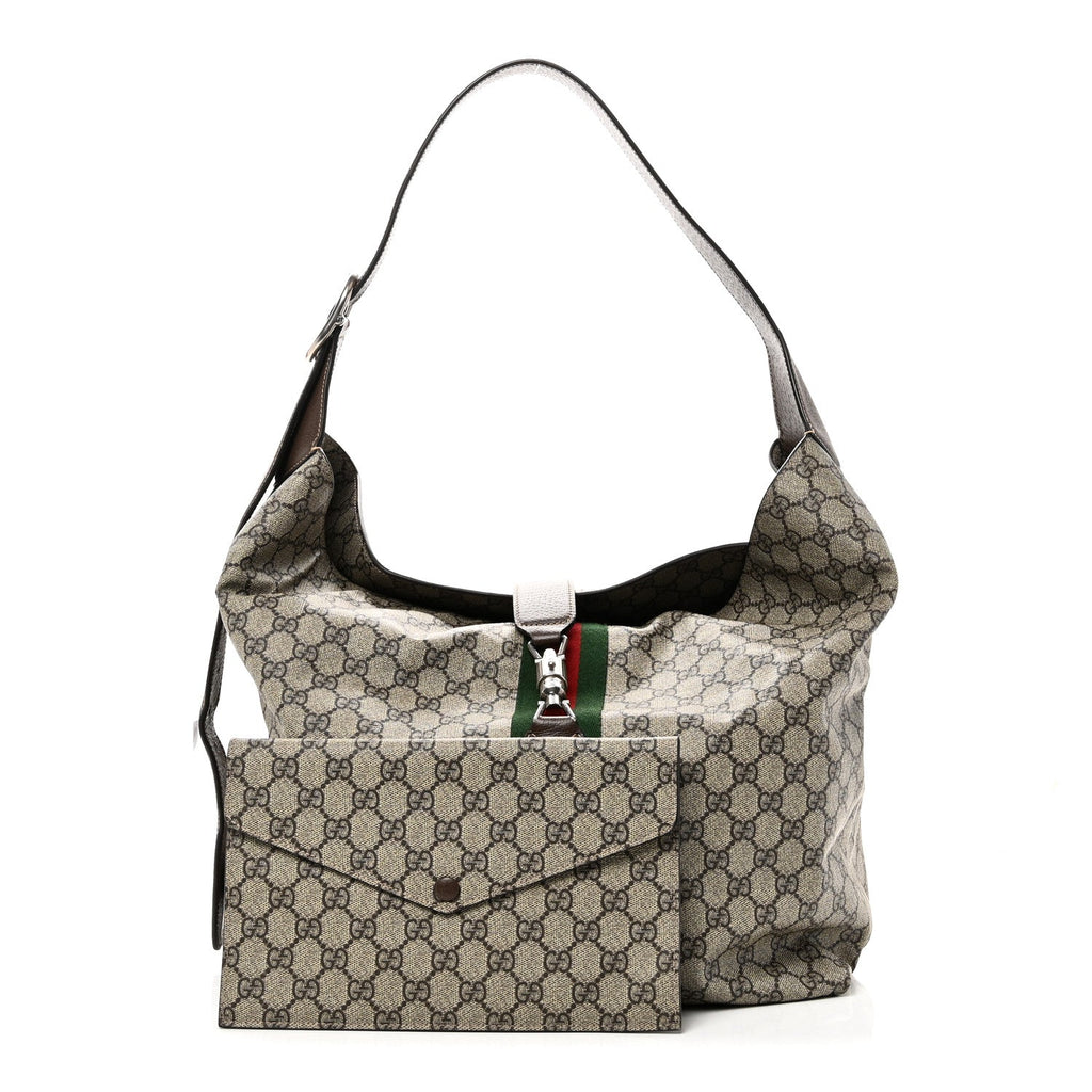 Gucci Tender GG Supreme Monogram Textured Dollar Calfskin Web Medium Jackie 1961 Crossbody Bag Beige Ebony New Acero
