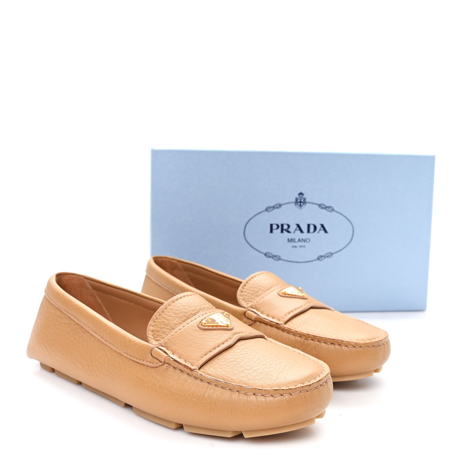Prada Cervo Triangle Driving Loafer 39.5 Naturale