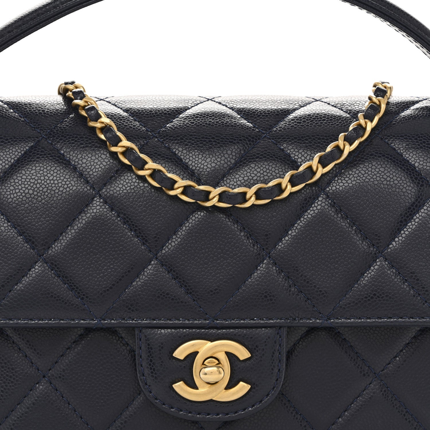 Chanel Shiny Caviar Quilted Mini Top Handle Flap Navy Blue