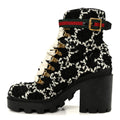 Gucci Tweed GG Monogram Lace Up Combat Ankle Boots 38 Black