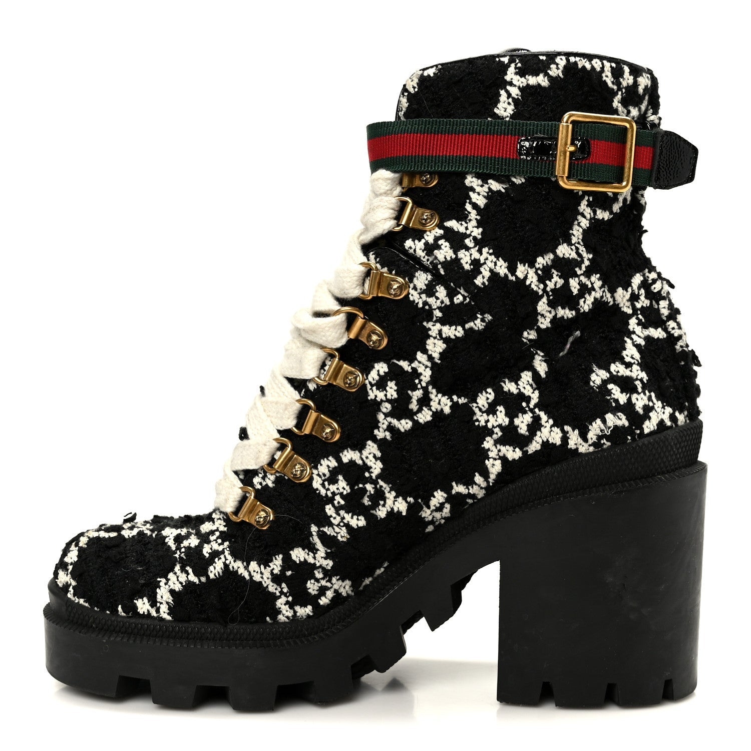 Gucci Tweed GG Monogram Lace Up Combat Ankle Boots 38 Black