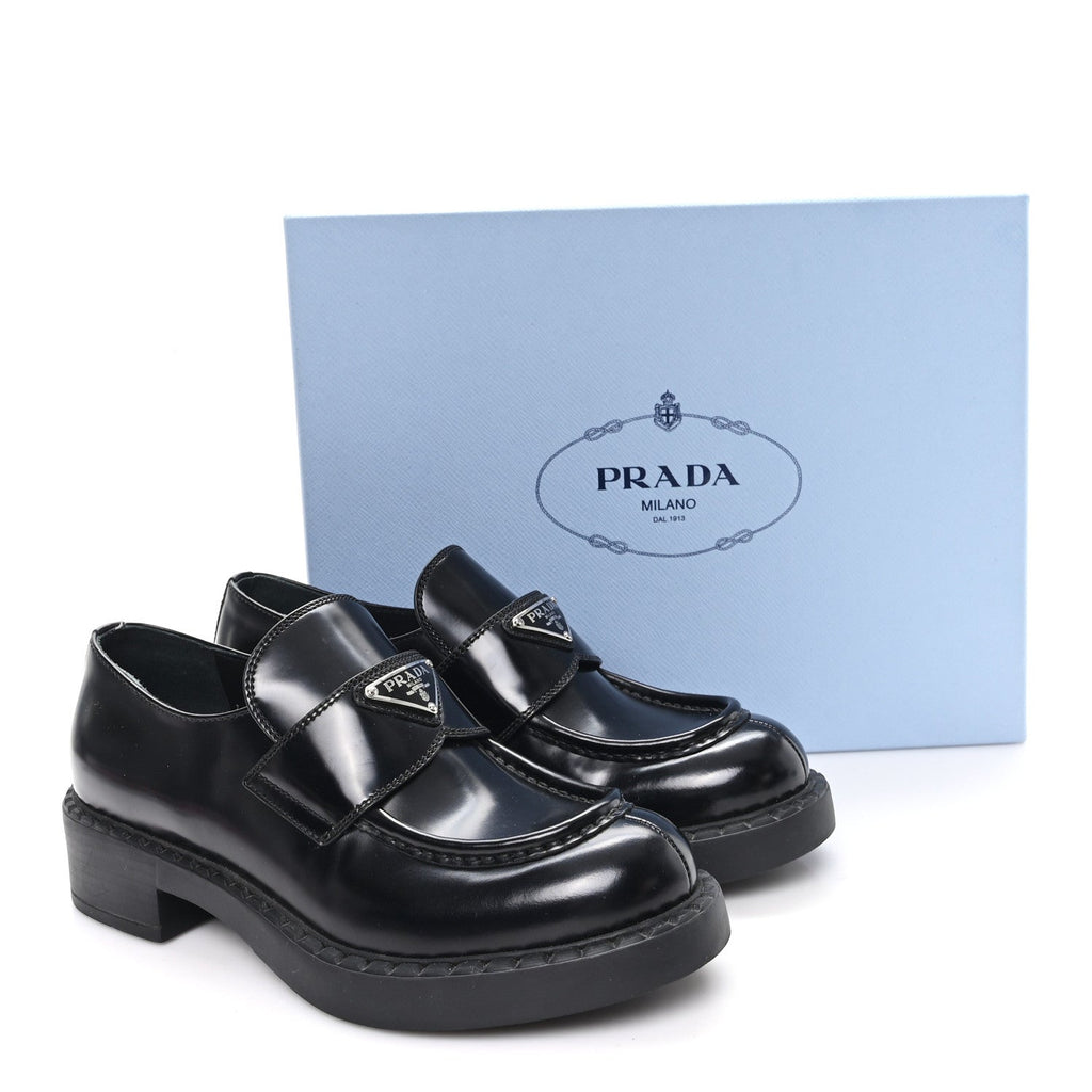 Prada Spazzolato Metal Triangle Logo 50mm Loafers 39 Black