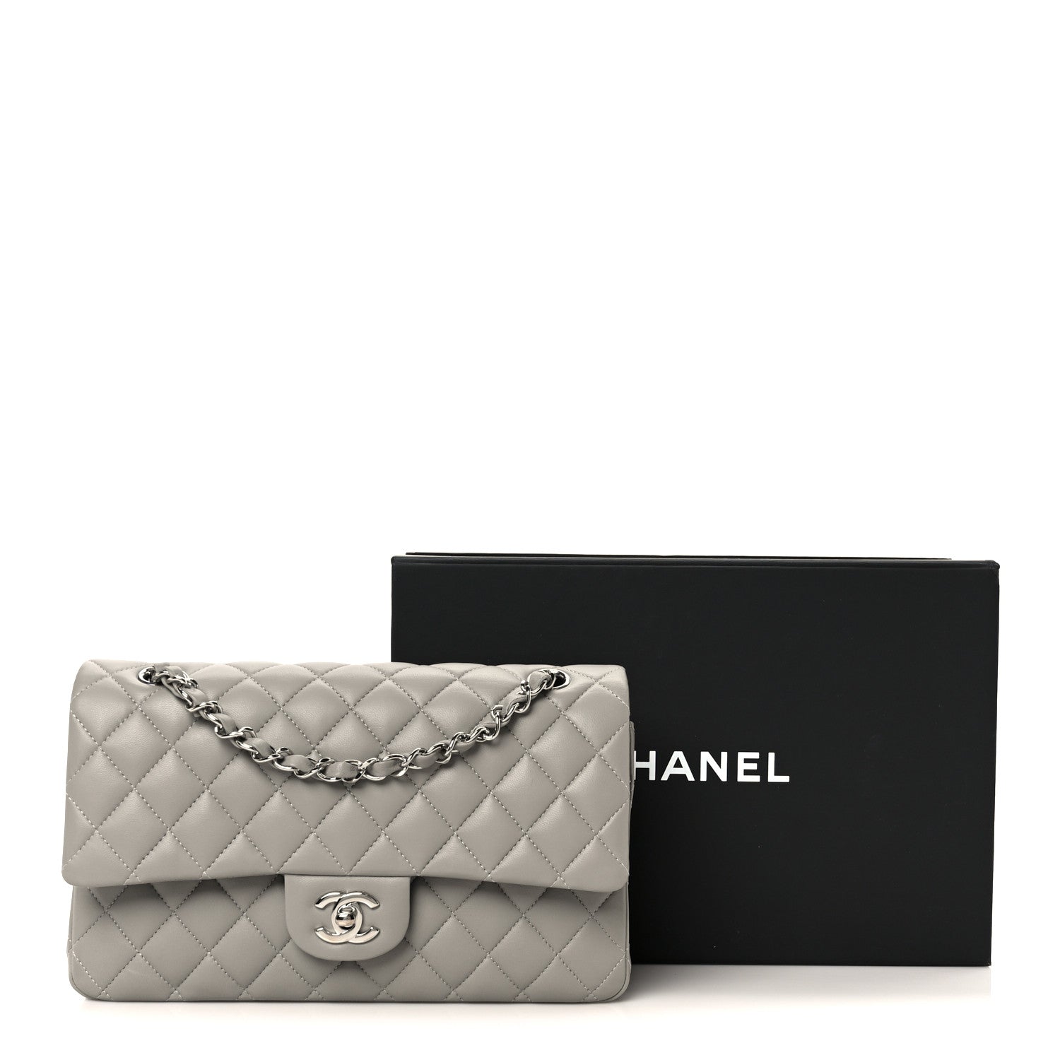 Chanel Lambskin Quilted Medium Double Flap Grey