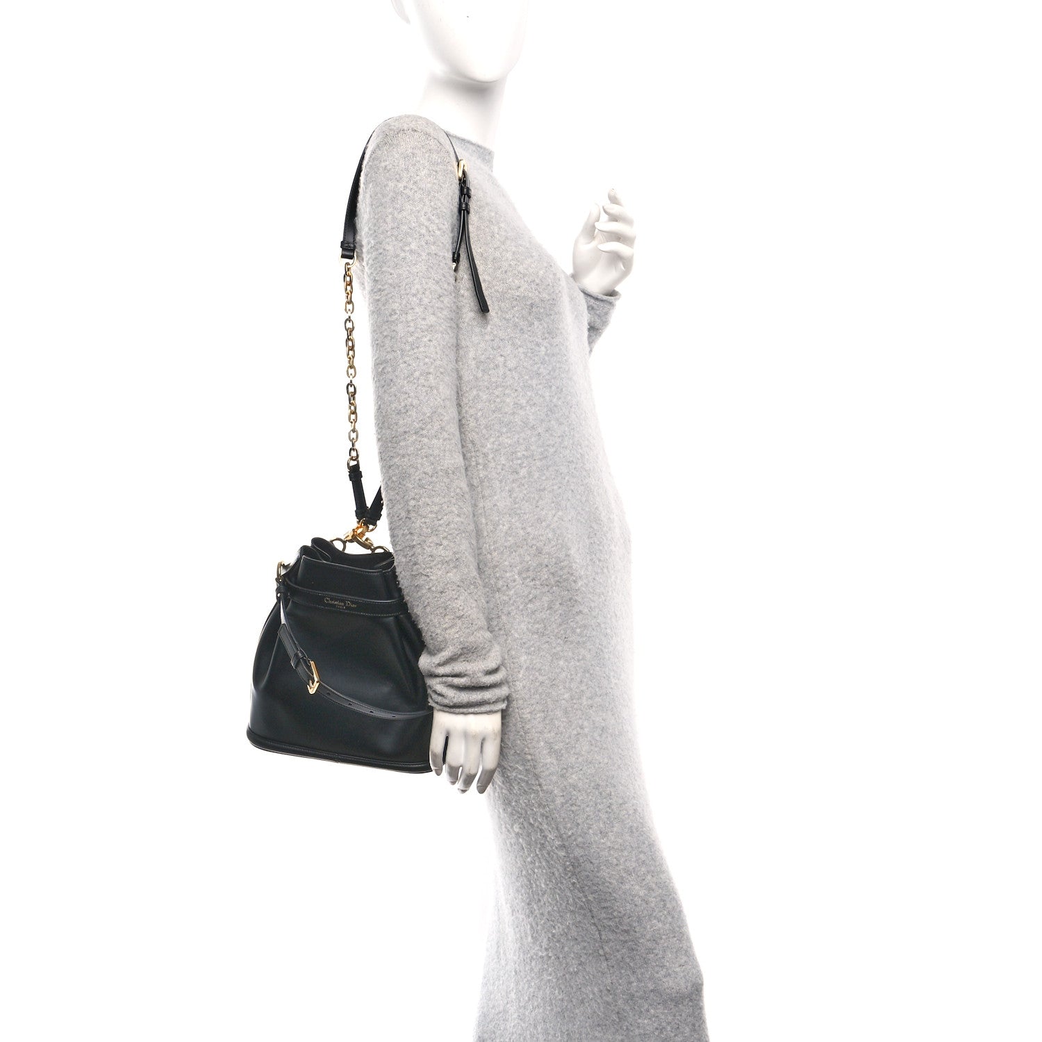 Christian Dior Calfskin CD Embossed Medium C'est Chain Bucket Bag Black