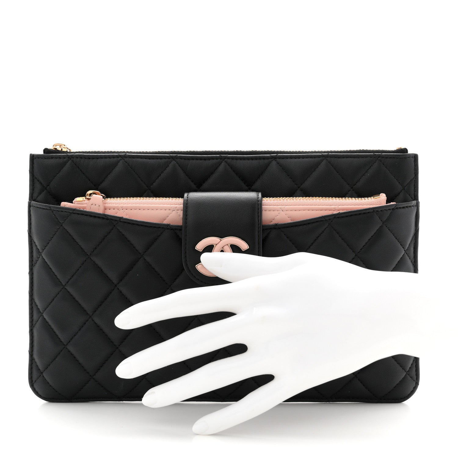 Lambskin Quilted Sunset Boulevard Pouch Case Black Pink