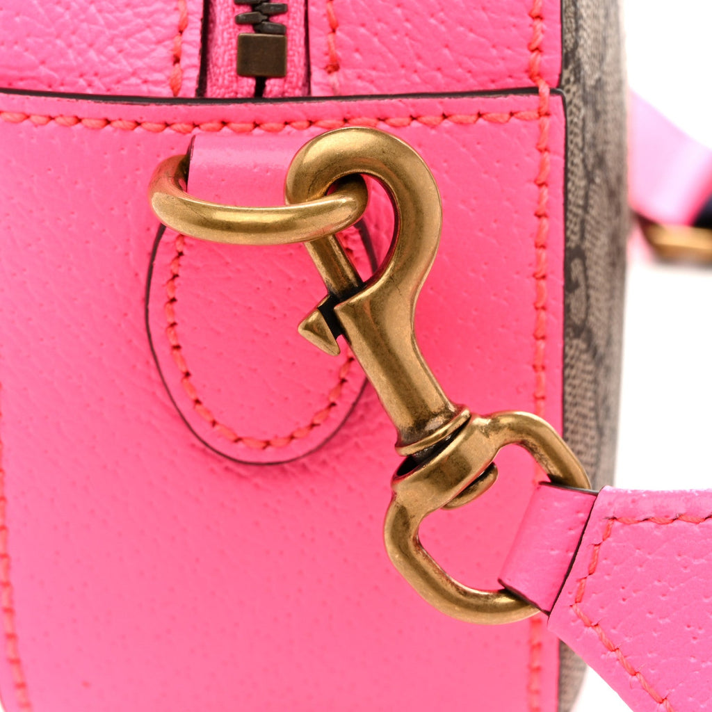Gucci GG Supreme Monogram Textured Dollar Calfskin Web Ophidia Small Crossbody Bag Beige Ebony Fuchsia