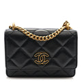 Chanel Lambskin Enamel Quilted Pending CC Clutch With Chain Black