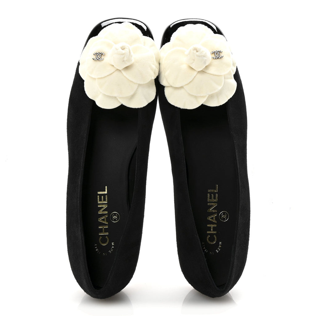 Chanel Suede Patent Cap Toe Camellia Ballerina Flats 39.5 Black White