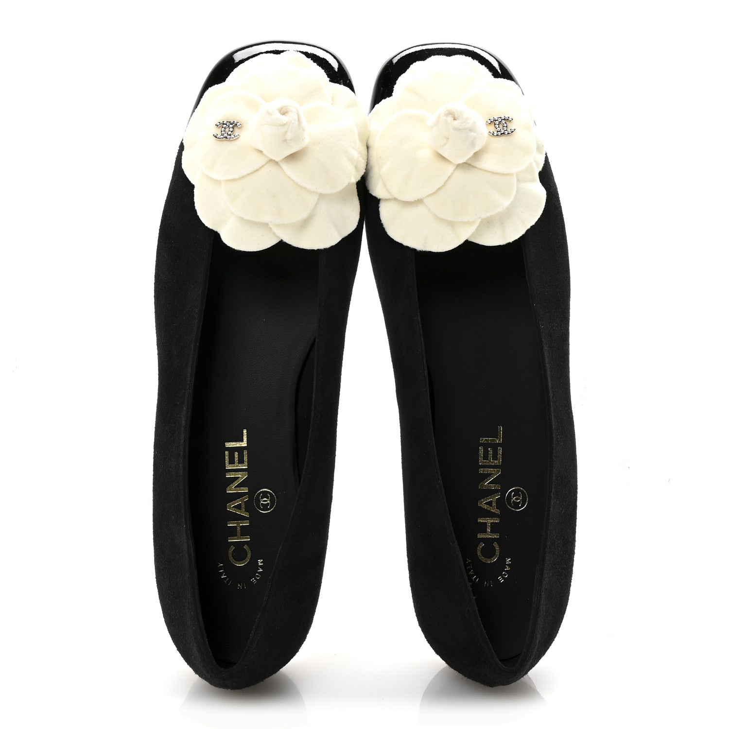 Chanel Suede Patent Cap Toe Camellia Ballerina Flats 39.5 Black White