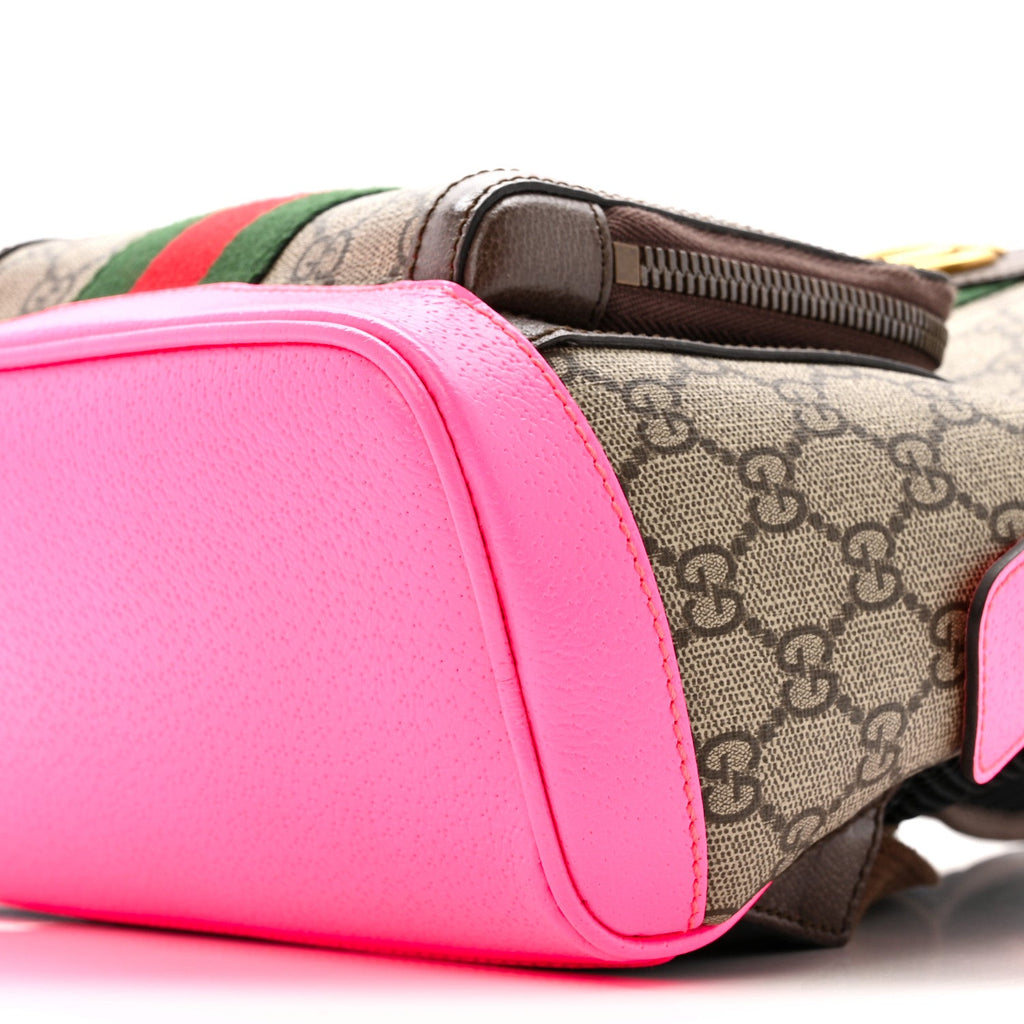 Gucci GG Supreme Monogram Textured Dollar Calfskin Web Small Ophidia Day Backpack Beige Ebony Fluorescent Fuchsia