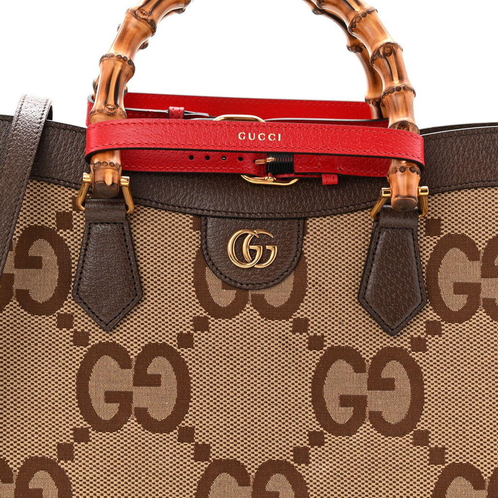 Gucci Monogram Jumbo GG Textured Dollar Calfskin Medium Diana Tote Bag Camel Ebony New Acero Pomegranate Red