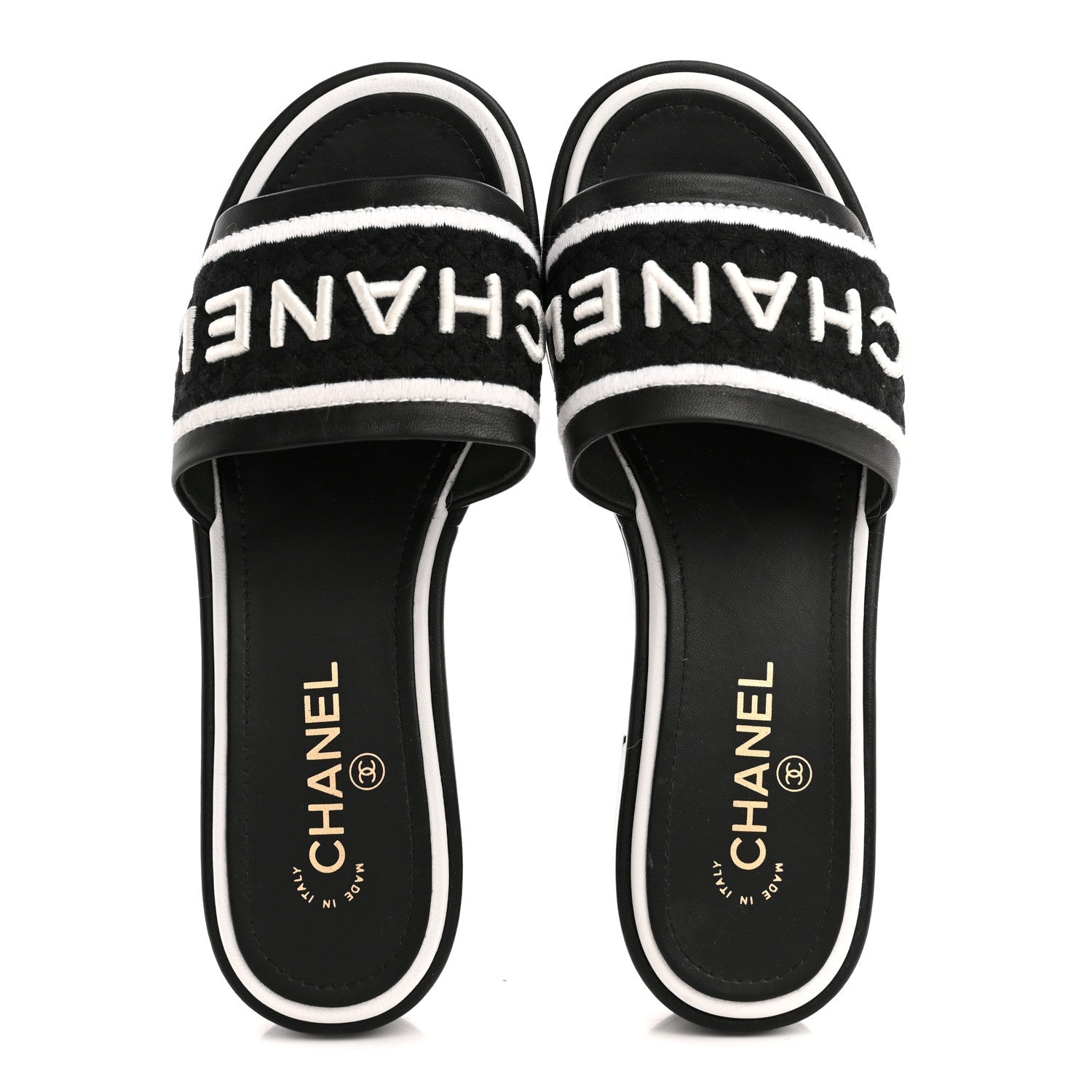 Lambskin Embroidered CC Mule Sandal 40 Black White