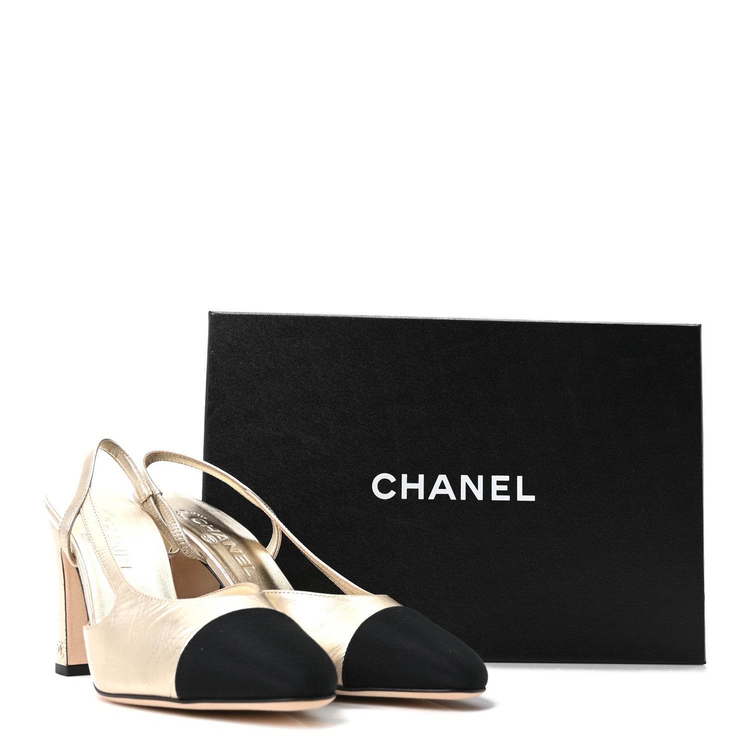 Laminated Crumpled Lambskin Grosgrain Cap Toe CC Slingback Pumps 39.5 Gold Black