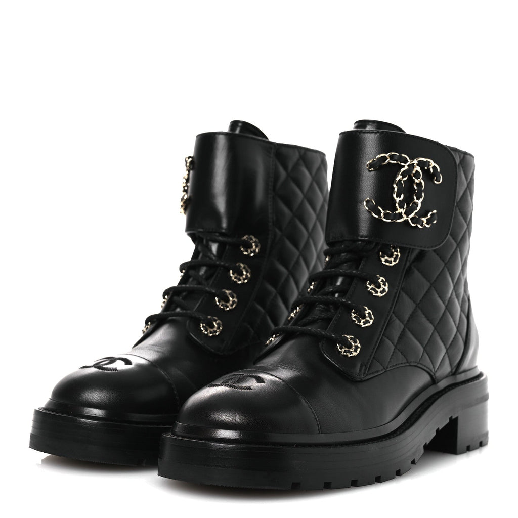 Chanel Shiny Lambskin Quilted Lace Up Combat Boots 37 Black