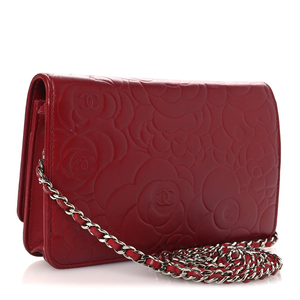Chanel Lambskin Camellia Embossed Wallet on Chain WOC Red