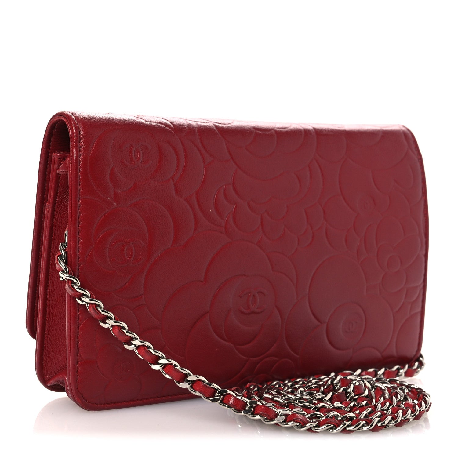 Chanel Lambskin Camellia Embossed Wallet on Chain WOC Red