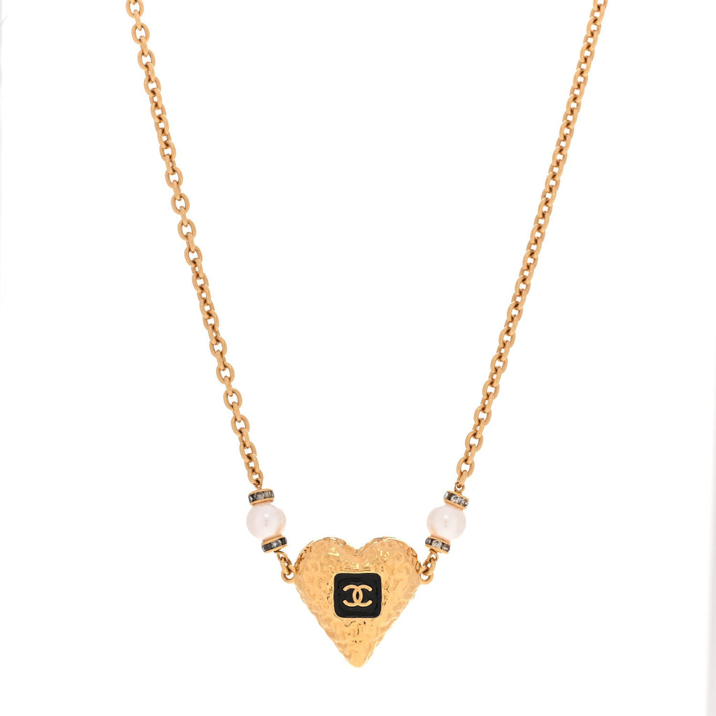 Resin Crystal Pearl Chain Heart CC Pendant Choker Necklace Black White Gold